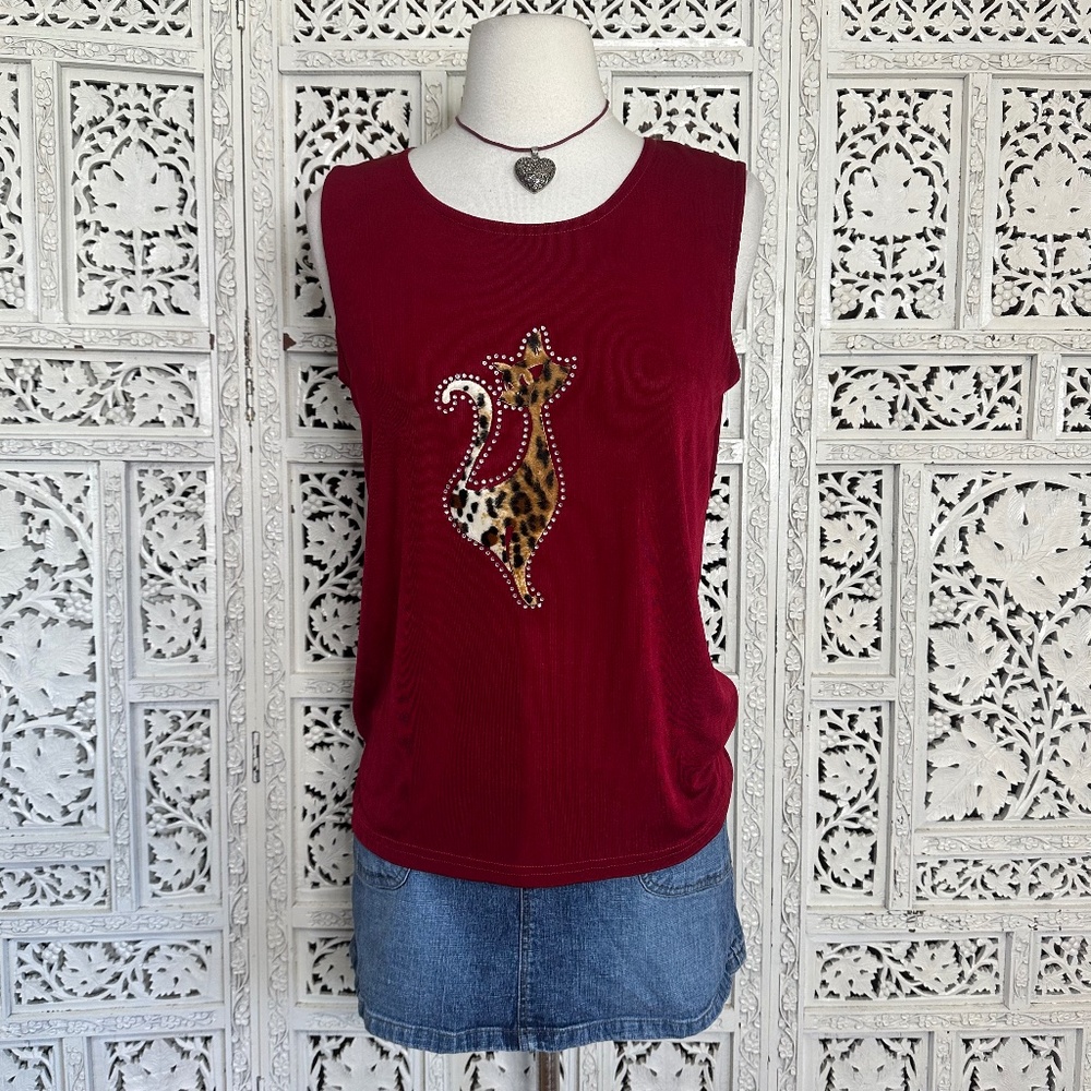 Handmade Retro Red Tank Top With Cheetah Print Appliqué Rhinestone Cat‎